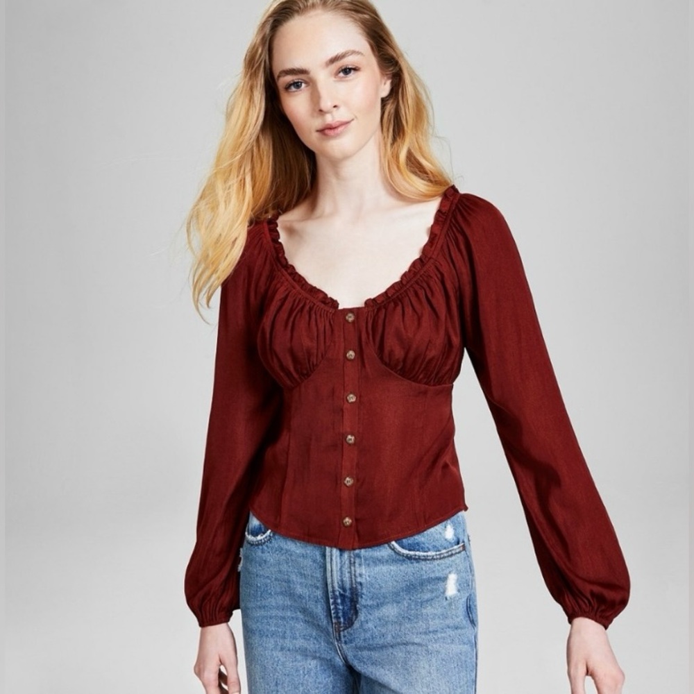 Rust Blouson-Sleeve Button-Front Top Size M/L